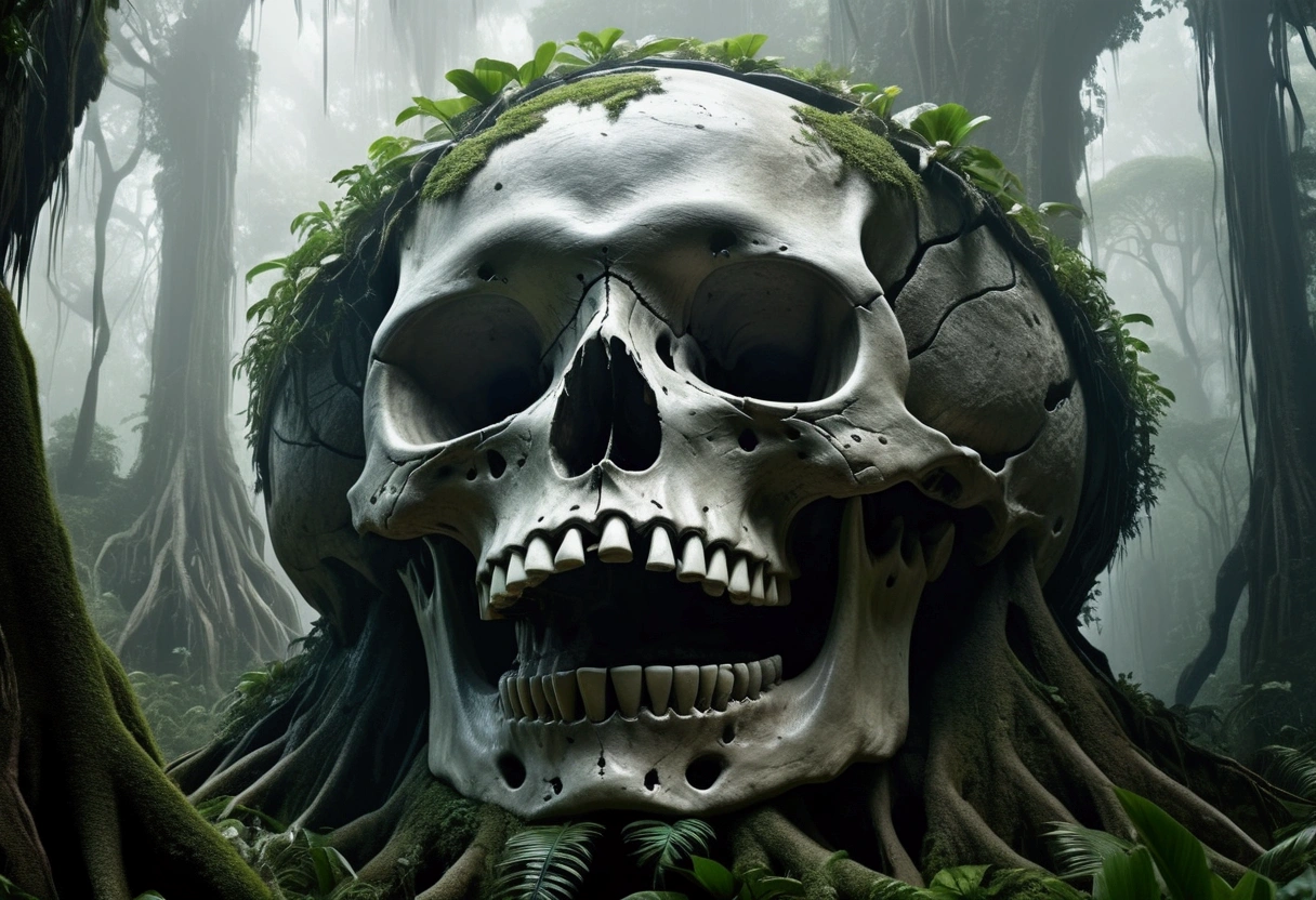 a tropical island, a gigantic human skull shaped cave, strange trees and animals, fog, (best quality,4k,8k,highres,masterpiece:1.2),ultra-detailed,(realistic,photorealistic,photo-realistic:1.37),detailed rock formations,lush vegetation,mysterious atmosphere,dramatic lighting,dramatic landscape,cinematic composition,moody colors,dark fantasy,surreal,epic scale