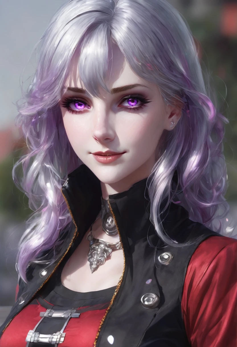 1 girl, 独奏, longye hair, silver hair, slightly wavy hair, red and black outfit, lilac colored eyes, gazing at viewer, slightly separated lips, anatomically correcte, facing the front, Grinning, American physical characteristics