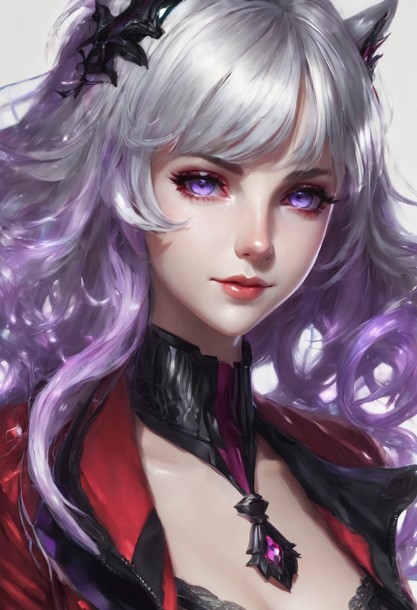 1 girl, 独奏, longye hair, silver hair, slightly wavy hair, red and black outfit, lilac colored eyes, gazing at viewer, slightly separated lips, anatomically correcte, facing the front, Grinning, American physical characteristics