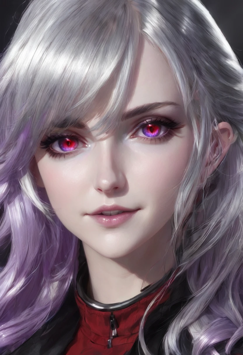 1 girl, 独奏, longye hair, silver hair, slightly wavy hair, red and black outfit, lilac colored eyes, gazing at viewer, slightly separated lips, anatomically correcte, facing the front, Grinning, American physical characteristics