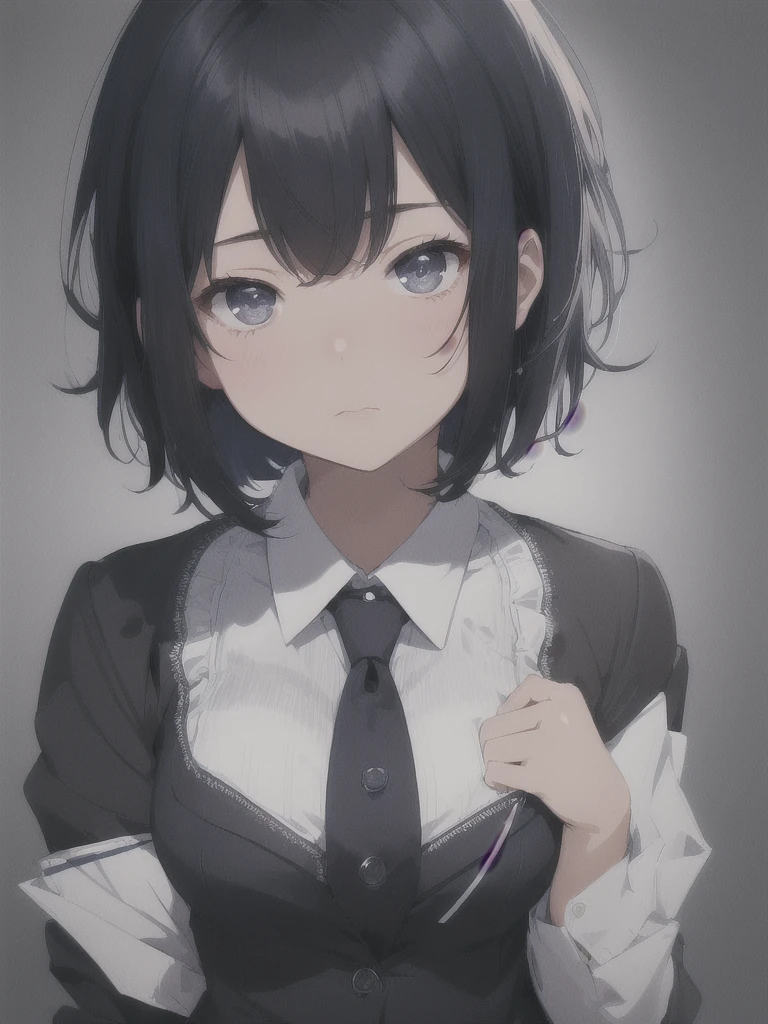 masterpiece, best quality, ultra-detailed, illustration, straight on, emotionless face, female, fluffy short dark blue hair, black eyes, fluffy short hair, wearing a office suit, a 22 years old girl, blank background, hide hands.