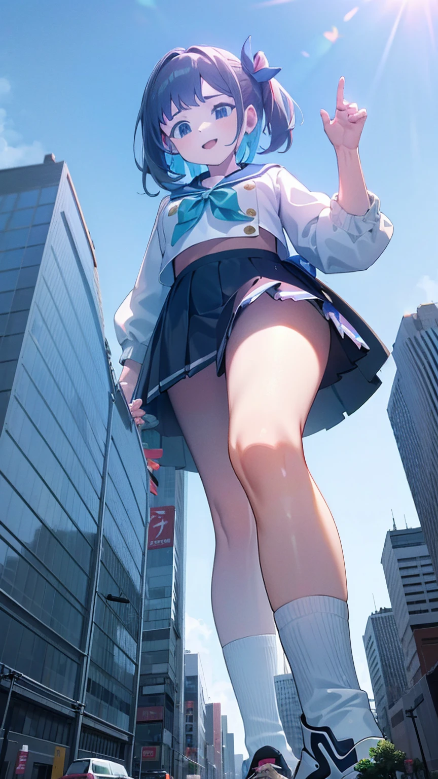 Big girl wearing sneakers，Girl taller than the building，Sailor Suit，Short skirt，White Socks，Girl raising legs high