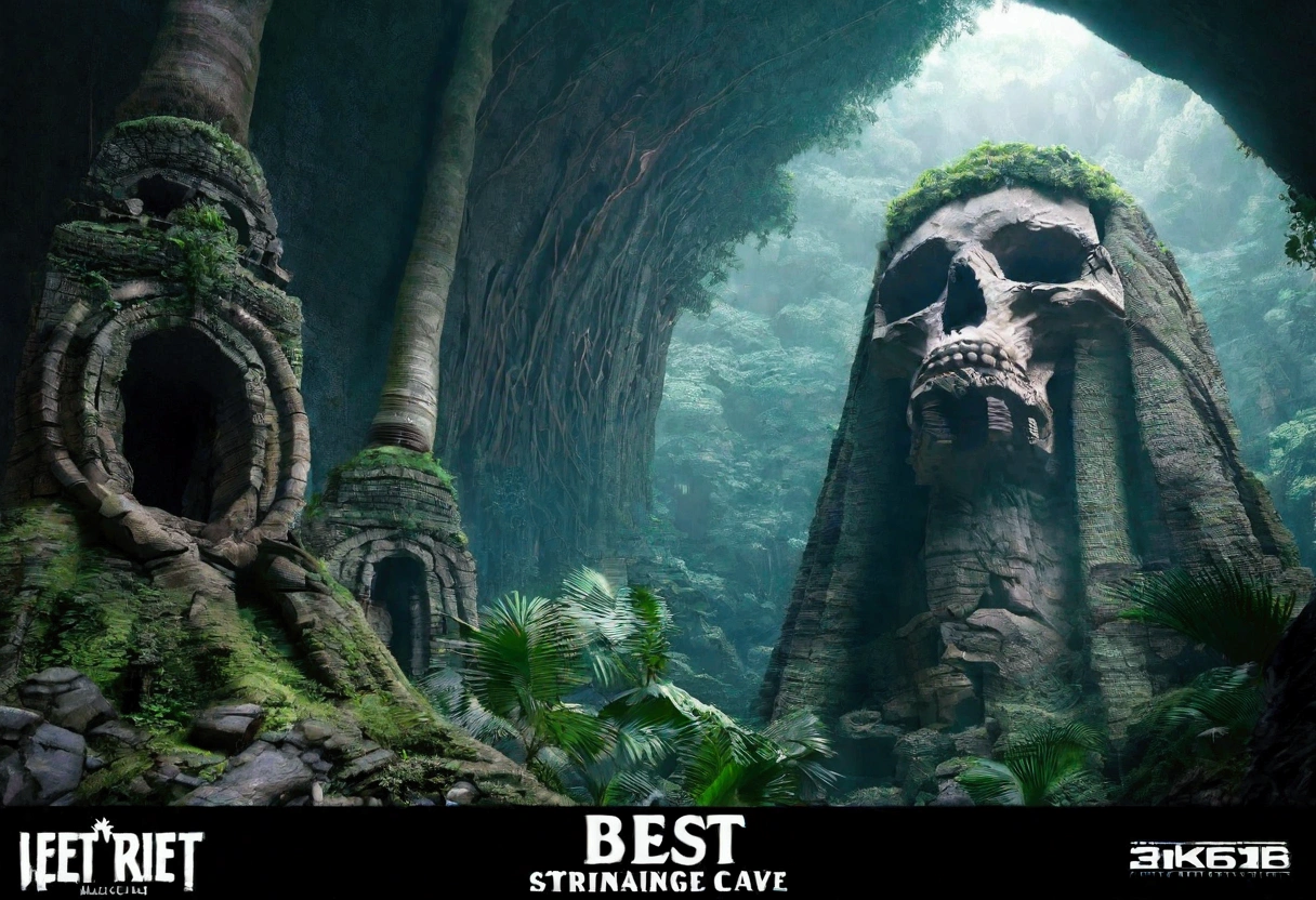 a tropical island, a gigantic human skull shaped cave, strange trees and animals, fog, (best quality,4k,8k,highres,masterpiece:1.2),ultra-detailed,(realistic,photorealistic,photo-realistic:1.37),detailed rock formations,lush vegetation,mysterious atmosphere,dramatic lighting,dramatic landscape,cinematic composition,moody colors,dark fantasy,surreal,epic scale