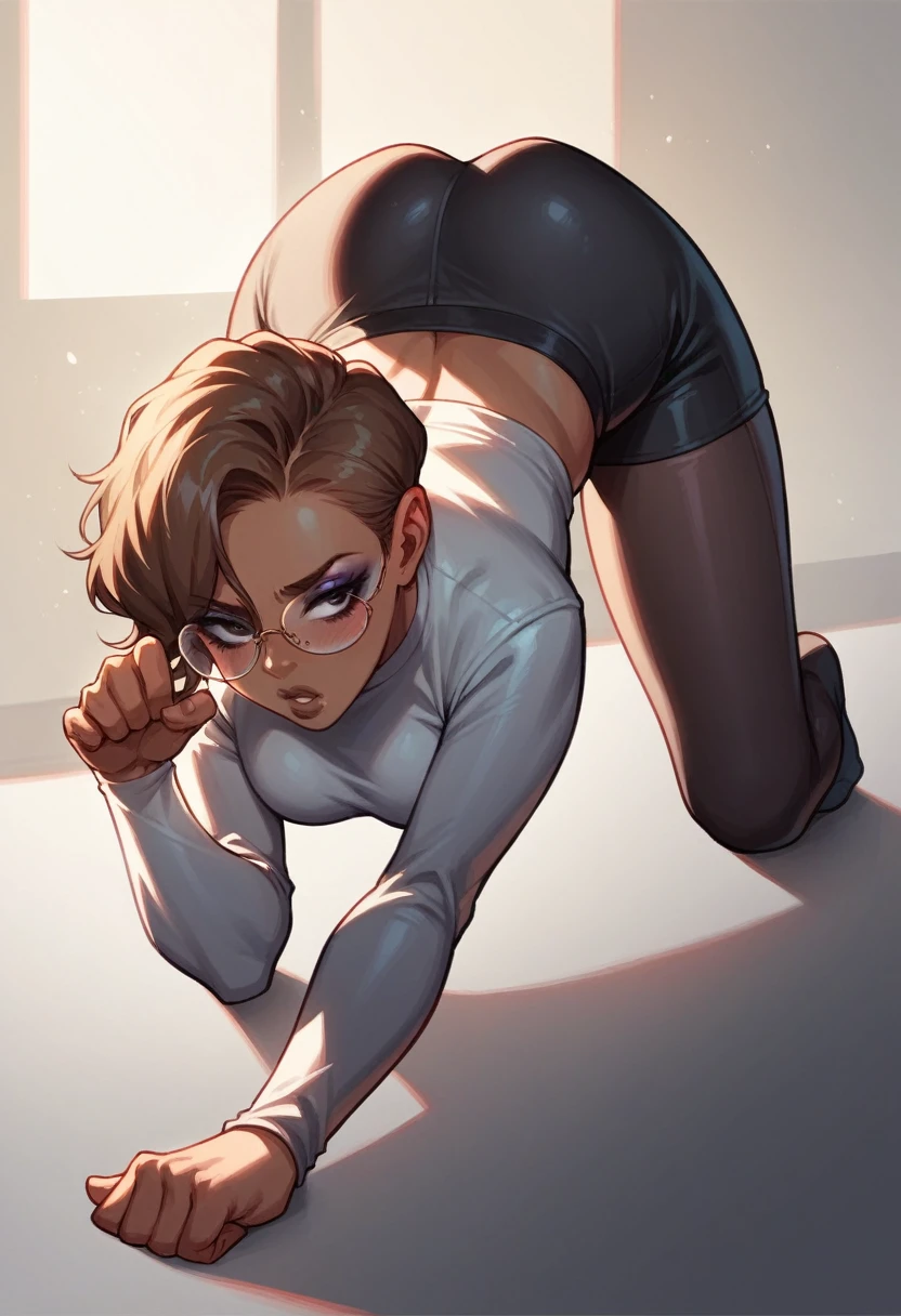 Beautiful woman with short straight brown hair with black eyes wearing a Black Gym Tight Leggings, a Grey Sexy Criss Cross Mock Neck Mid Sleeves Blouse, (ebony skin), (light brown lipstick) ,( makeup:1.5) , ( Doggystyle Pose:1.5) , , cool glasses