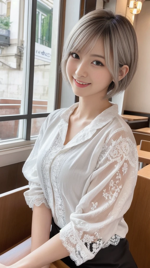 (ung ultra Cute japanese girl,short silver hair,porcelain white skin,slender figure,lacy shirt,sitting in Italian cafe,drinking black tea,beautiful detailed eyes,long eyelashes,charming dropped eyes,lovely smiling lips,extremely detailed face without makeup:2.0),best quality,4k,8k,highres,masterpiece,ultra-detailed,realistic,photorealistic,photo-realistic,HDR,UHD,studio lighting,ultra-fine painting,sharp focus,physically-based rendering,extreme detail description,professional,vivid colors,bokeh,portraits,soft pastel colors,natural lighting,cinematic composition