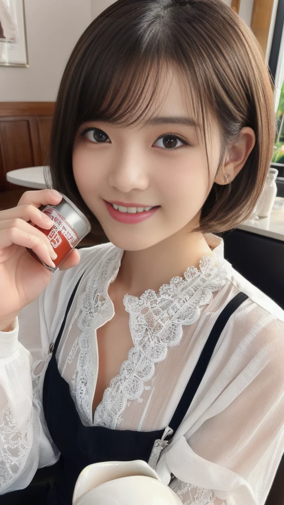 (1 young ultra Cute japanese girl,short silver hair,porcelain white skin,slender figure,lacy shirt,sitting in Italian cafe,drinking black tea,beautiful detailed eyes,long eyelashes,charming dropped eyes,lovely smiling lips,extremely detailed face without makeup:2.0),best quality,4k,8k,highres,masterpiece,ultra-detailed,realistic,photorealistic,photo-realistic,HDR,UHD,studio lighting,ultra-fine painting,sharp focus,physically-based rendering,extreme detail description,professional,vivid colors,bokeh,portraits,soft pastel colors,natural lighting,cinematic composition