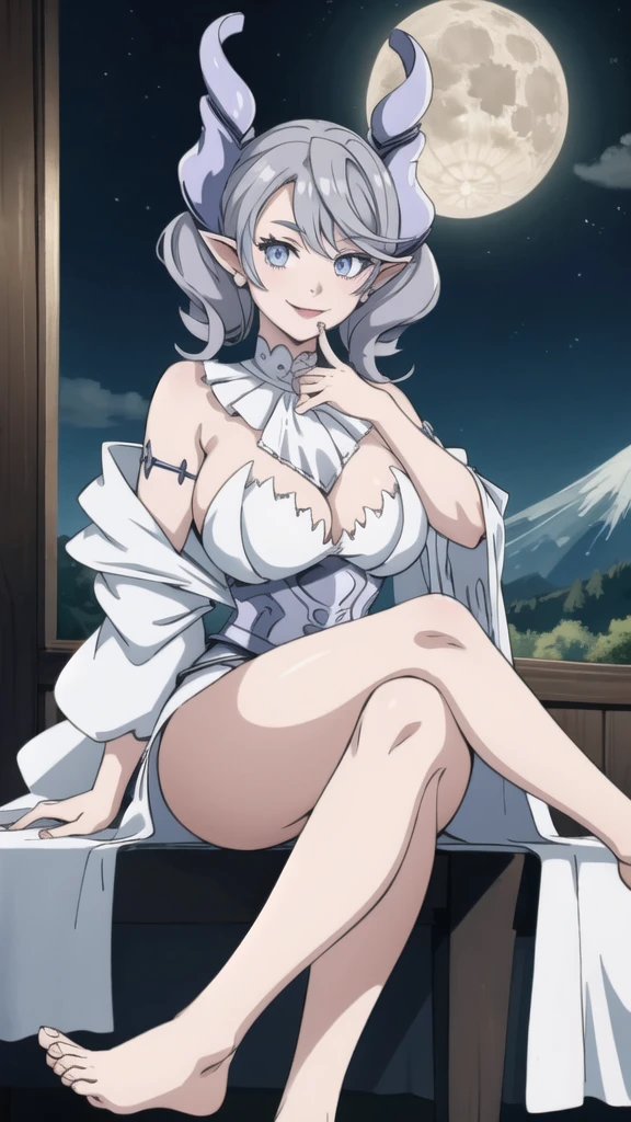 Beautiful arts wallpaper moonlight Outside castle top High level image quality best image quality 8K adult woman volcano mountain more colors whole body view portrait wearing pure white Goddess dress horn ears short hair((shortcut)(gray hair)(perm)(fluffy)) eye color is blue , pure evil face , face detailed , face fixed , smile , labrynth , barefoot , teasing with her breast, , sitting with crossed legs