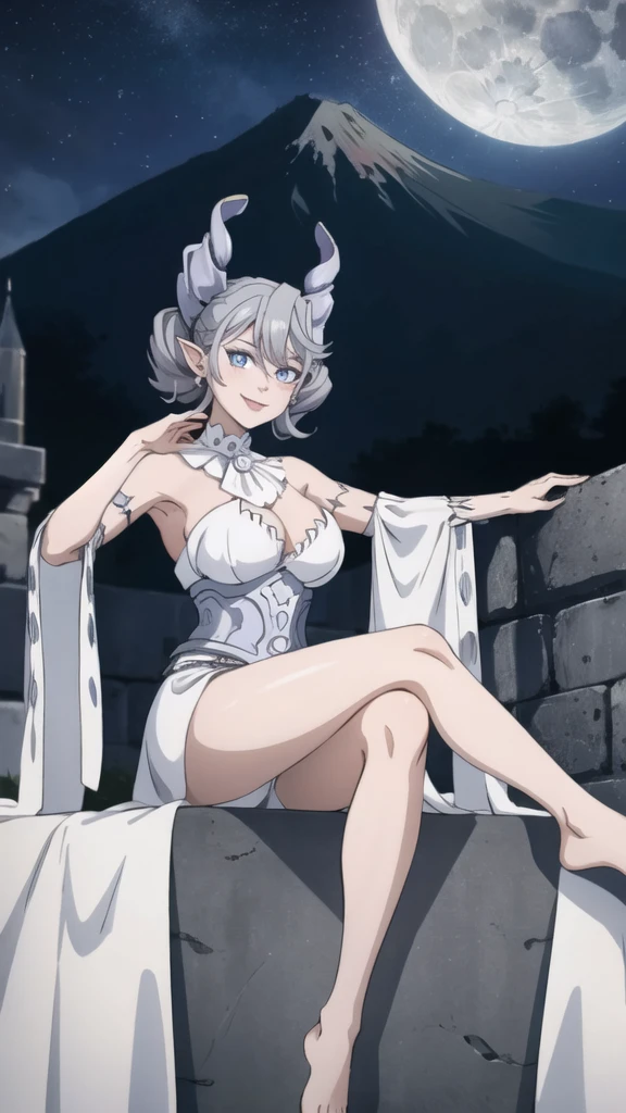 Beautiful arts wallpaper moonlight Outside castle top High level image quality best image quality 8K adult woman volcano mountain more colors whole body view portrait wearing pure white Goddess dress horn ears short hair((shortcut)(gray hair)(perm)(fluffy)) eye color is blue , pure evil face , face detailed , face fixed , smile , labrynth , barefoot , teasing with her breast, , sitting with crossed legs