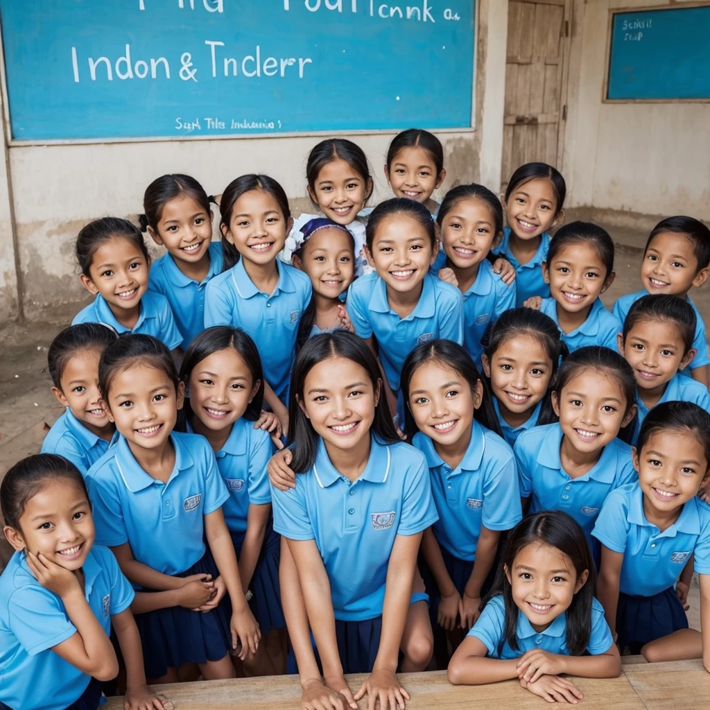 Smiling 4 Indonesian children and 1 teacher in light blue women&#39;s medical uniforms. photo. Realistic. masterpiece. Ultra 4k image. super detail. Hospital room