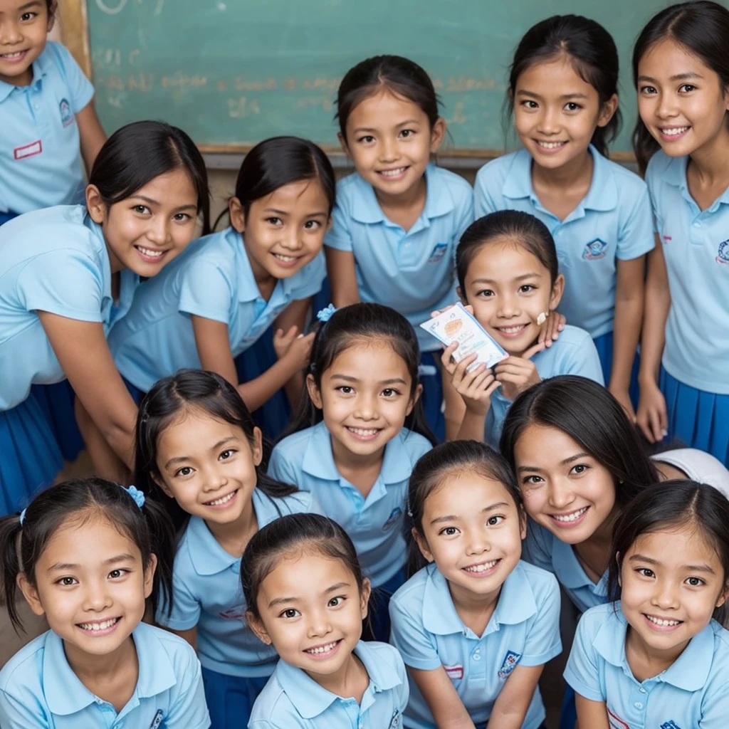 Smiling 4 Indonesian children and 1 teacher in light blue women's medical uniforms. photo. Realistic. masterpiece. Ultra 4k image. super detail. Hospital room