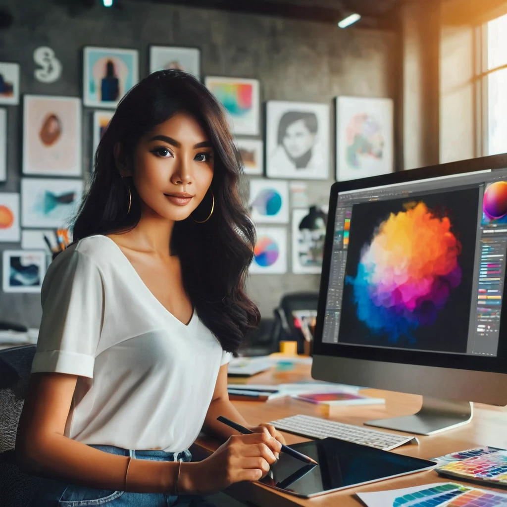 Create an image of a professional Malayan pretty beautiful woman working as a graphic designer in a modern, stylish office. She is seated at a sleek desk with a large, high-resolution monitor displaying vibrant, creative design work. The workspace is filled with design tools like a drawing tablet, color palettes, and inspirational posters on the wall. She is focused and confident, dressed in hippie casual professional attire.
