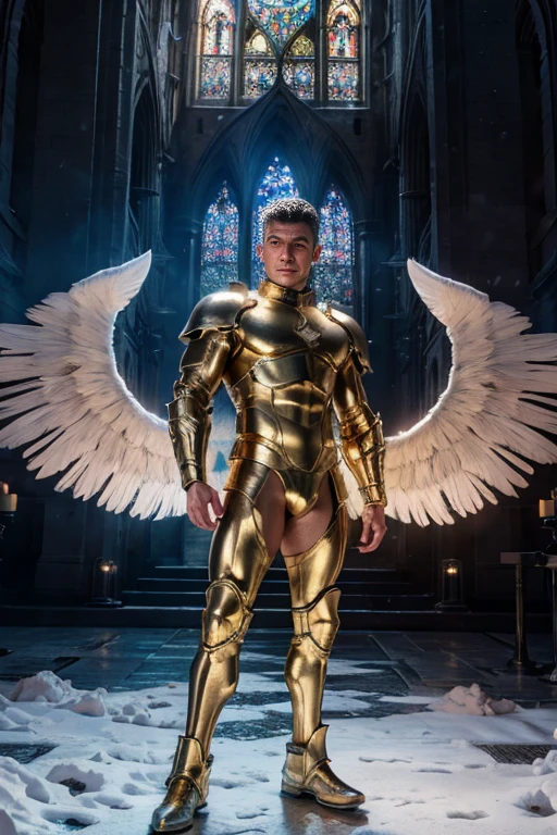ultra high res, best quality, photo, 4k, (photorealistic:1.4), cinematic lighting, a male angel with large translucent wings,muscular man, abdominal muscle, wearing medieval gold armor, detailed feathers, cyberpunk environment, snow and environment in the background, cathedral of , portal of the future, volumetric light, HD, magic, god light, backlighting, detailed face, contrapposto,