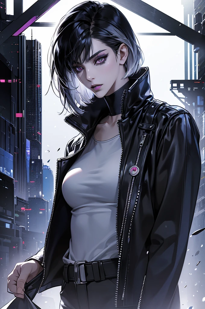 masterpiece, ultra high definition, high detail, cyberpunk universe, black bob hair, intense look, Funky style clothes, silver eyes, detailed face, detailed eyes, detailed nose, detailed lips, dark makeup, agent, upper body, head-on gaze, Ghost in the Shell, Mokoto Kusanagi, portrait