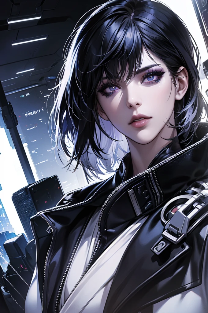 masterpiece, ultra high definition, high detail, cyberpunk universe, black bob hair, intense look, Funky style clothes, silver eyes, detailed face, detailed eyes, detailed nose, detailed lips, dark makeup, agent, upper body, head-on gaze, Ghost in the Shell, Mokoto Kusanagi, portrait