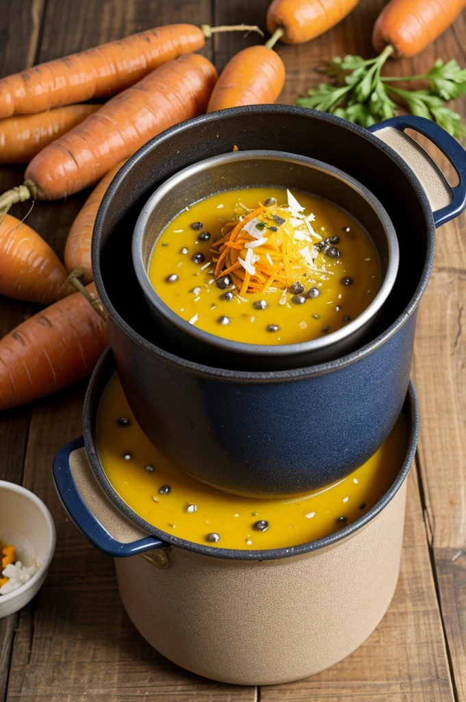 Mixture of passion fruit and carrot pulp in a pot
