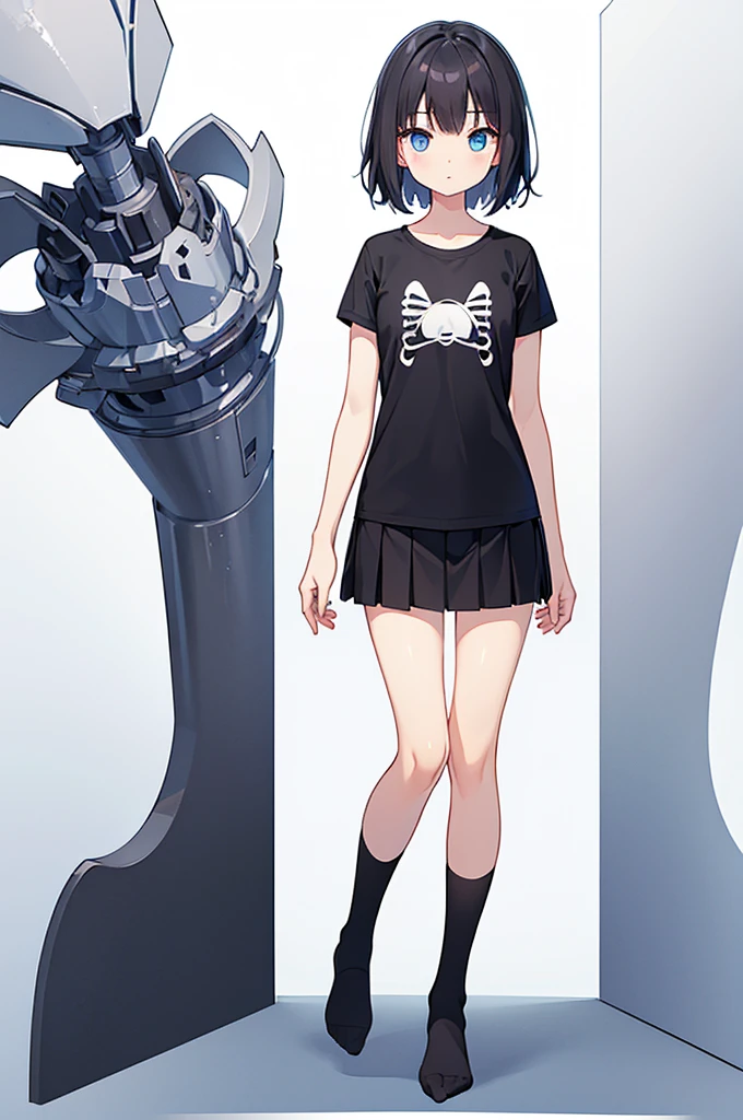 Full body ,dynamic Standing ,(เหมือนจริง:1.37)、1girl, solo, blue eyes, (detailed eyes), flat chest, short hair, black hair, ((black t-shirt)), simple t-shirt, black skirt, black socks, standing, upper body, (white background), Transparent background, looking down, ((masterpiece, illustration, best quality))  , (Full body:1.5), Blank white background, (white background), Transparent background, looking down, ((masterpiece, illustration, best quality)) 