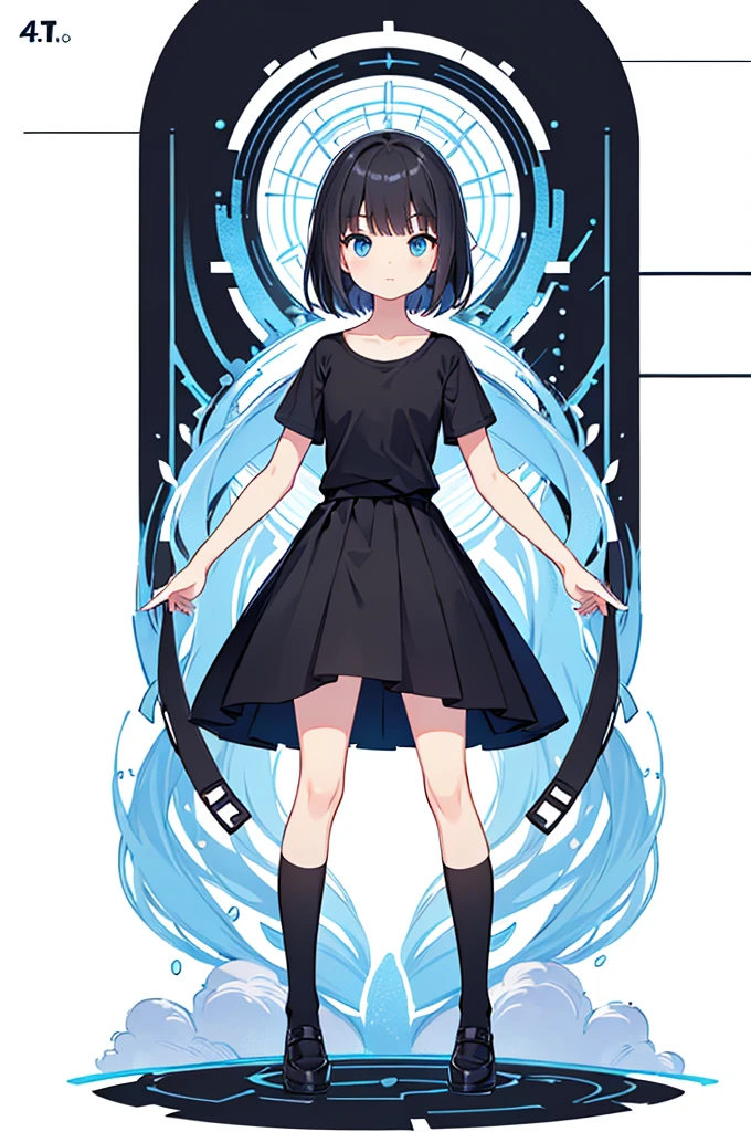 Full body ,dynamic Standing ,(เหมือนจริง:1.37)、1girl, solo, blue eyes, (detailed eyes), flat chest, short hair, black hair, ((black t-shirt)), simple t-shirt, black skirt, black socks, standing, upper body, (white background), Transparent background, looking down, ((masterpiece, illustration, best quality))  , (Full body:1.5), Blank white background, (white background), Transparent background, looking down, ((masterpiece, illustration, best quality)) 