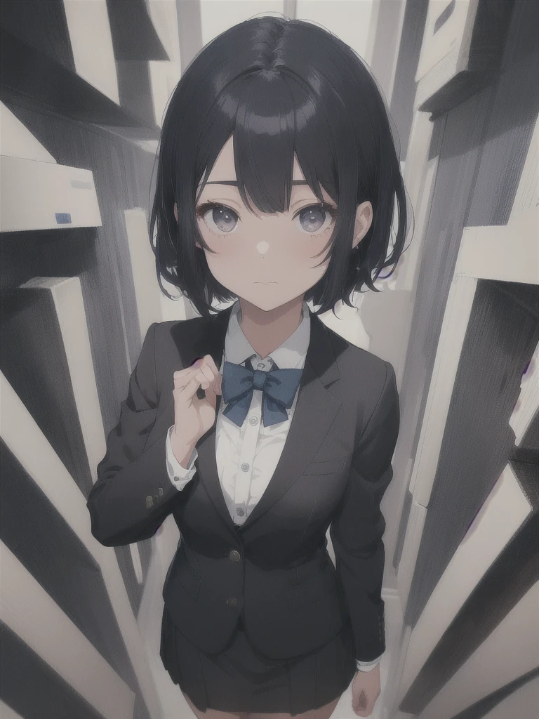 masterpiece, best quality, ultra-detailed, illustration, straight on, emotionless face, female, fluffy short dark blue hair, black eyes, fluffy short hair, wearing a office suit, a 22 years old girl, blank background, hide hands.