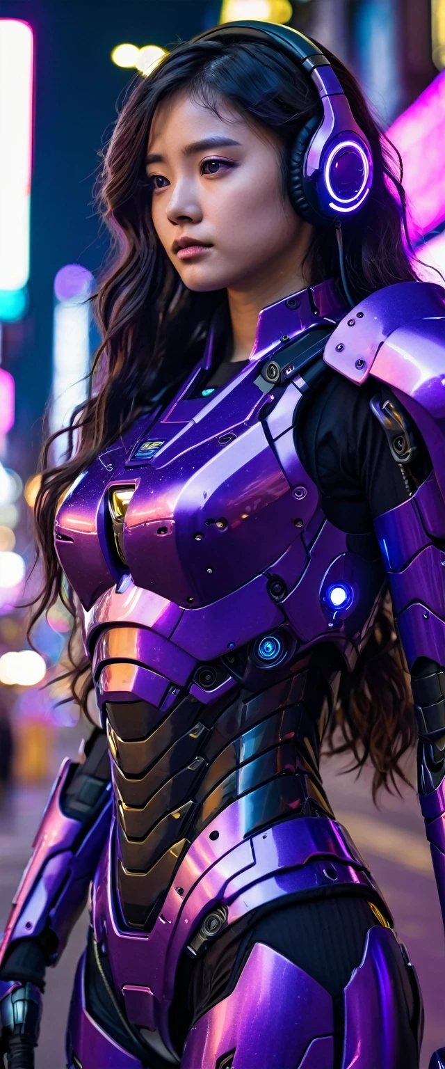 3/4 quarter view,medium shot angle,a mecha girl with long wavy dark hair, wearing intricate shiny purple mecha armour suit,communication headset,stand amidst the street of vibrant night of cyberpunk city,she is looking through the distance with a sad eyes,there a tear flow on her check