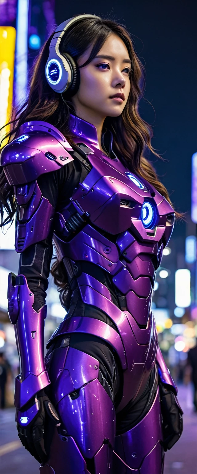3/4 quarter view,medium shot angle,a mecha girl with long wavy dark hair, wearing intricate shiny purple mecha armour suit,communication headset,stand amidst the street of vibrant night of cyberpunk city,she is looking through the distance with a sad eyes,there a tear flow on her check