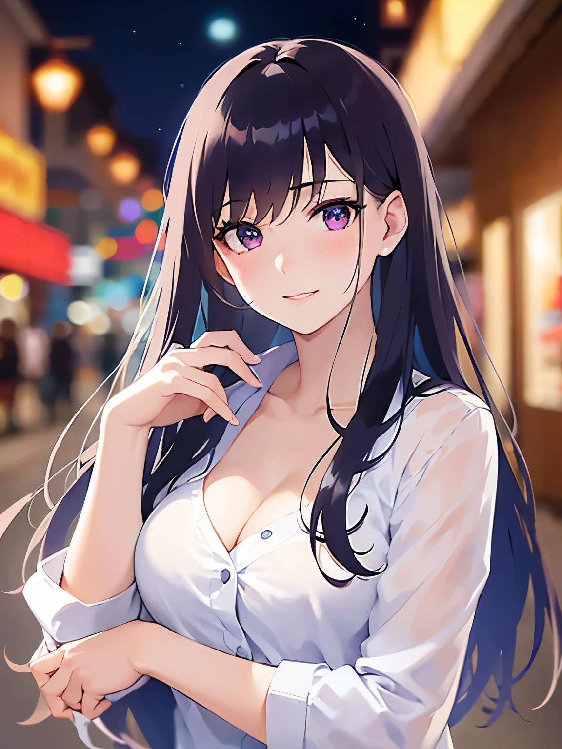 side angle, hand on own chin、 cleavage、Upper Body, Realistic, real person, (pale skin: 1.2), RAW photo, photorealistic, shiny skin, shiny hair、(A 25-year-old woman with straight hair and bangs) and (medium hair) and (black hair) and (purple eyes) , white collared shirt、smile, (blush:1.3), The background is a shopping street at night、Alone、Are standing