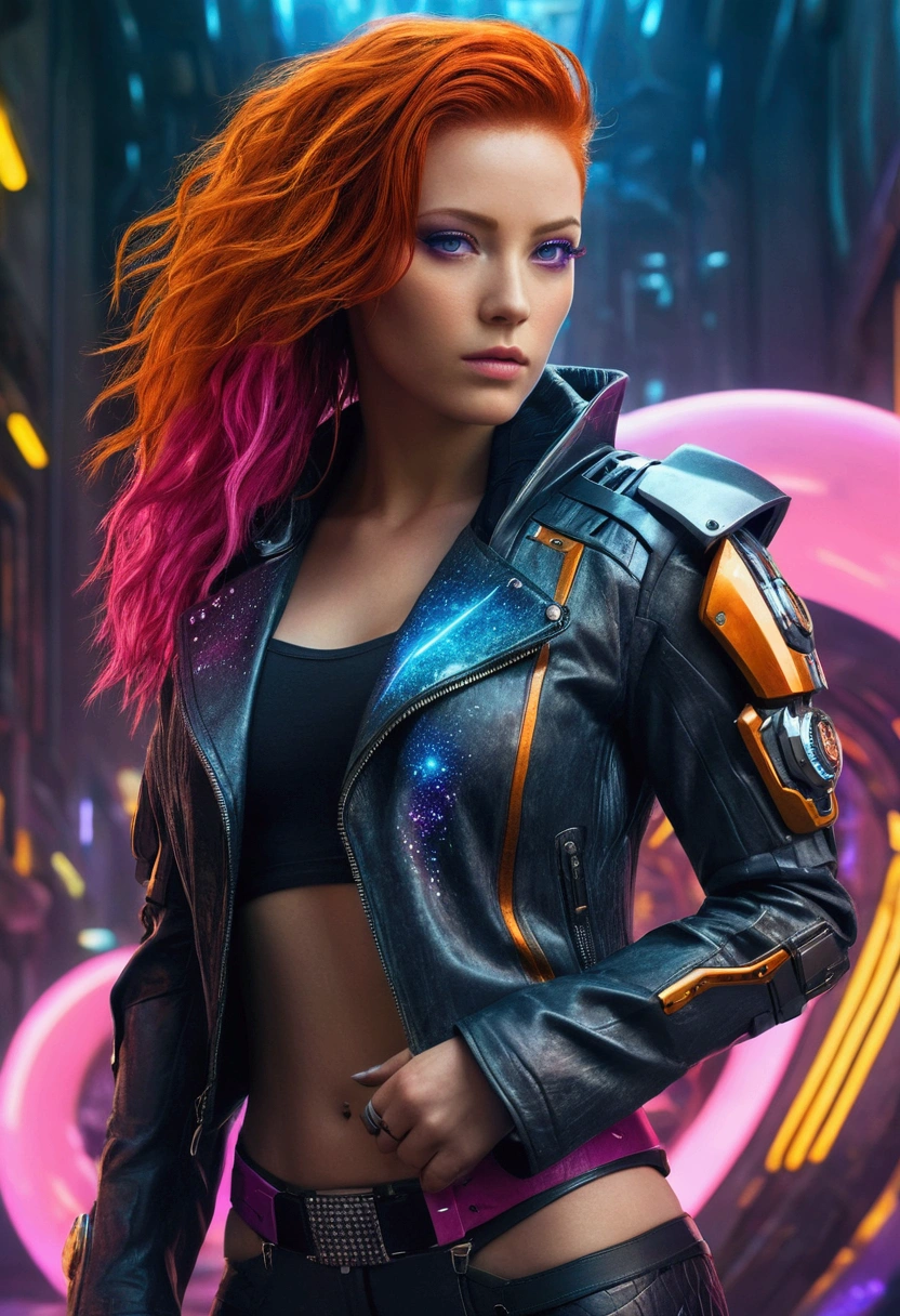 Create a visually stunning digital artwork in a 100% cyberpunk style with bright colors. Picture a seductive redhead female cyberpunk model, wearing a black leather jacket and thong bottoms, posing confidently. She has captivating gray eyes and intricate cyberpunk details adorning her leather clothing, with a focus on her beautiful red hair and alluring posture.

In the background, a futuristic scene unfolds, blending celestial beauty and advanced technology. A Mech Warrior, inspired by pink donuts, emerges from a textured midnight blue cosmos. The warrior's armor gleams with a liquid crystal sheen, melting and dripping with colorful sprinkles. Abstract shapes and swirling patterns in mesmerizing purple and blue gradients envelop the scene, creating an enchanting and whimsical atmosphere.

The composition features an orange color scheme with feather-like details around the woman, emphasizing high-definition and natural lighting to highlight her exquisite features. The seamless integration of the seductive cyberpunk model and the futuristic Mech Warrior creates a visually captivating narrative that blurs the line between reality and fantasy. The artwork should showcase intricate details, vibrant colors, and a dynamic, engaging style, ensuring it is both sophisticated and enchanting.