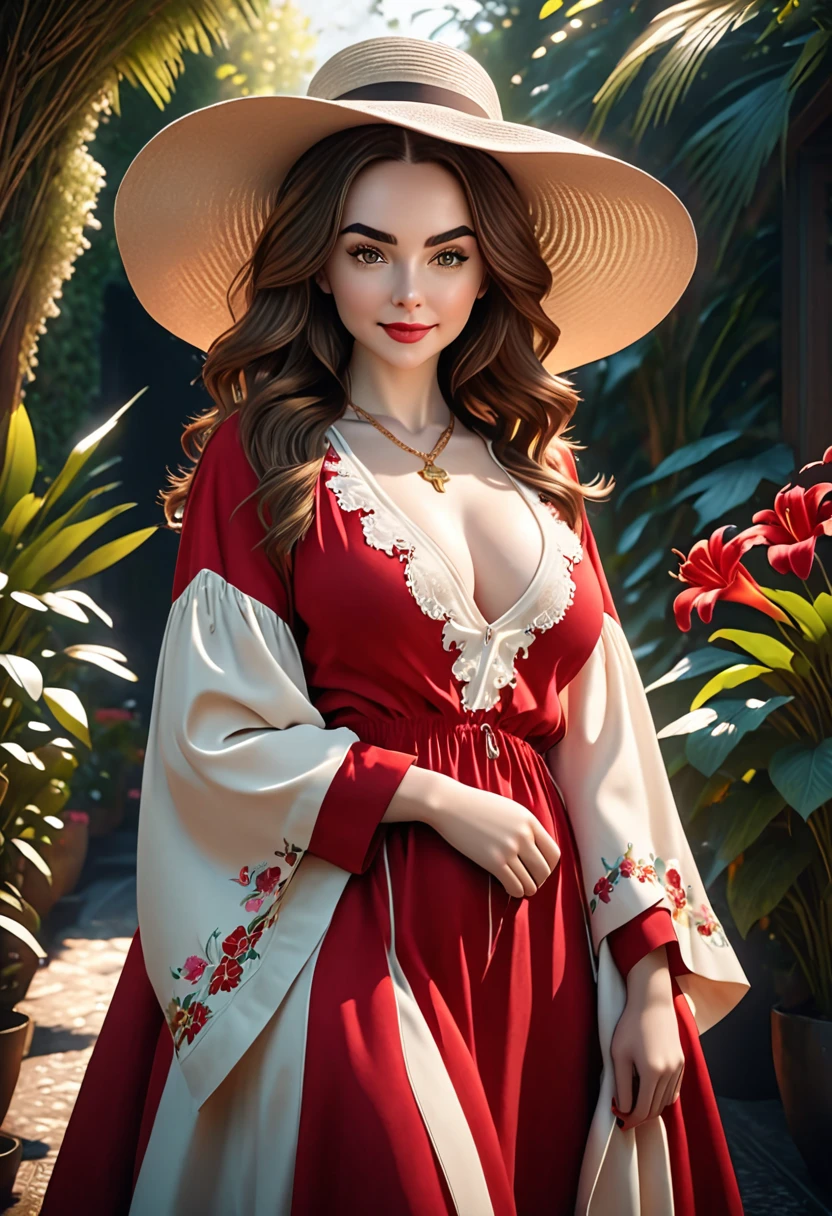 A beautful jewish women with a luscious thick bushy, course unibrow and cute nose. ultra Thick, coaurse, intense, curly, frizzy, long brown hair. Hair that clogs a drain after one shower. Hair you find on pillows and in corners of the room and in your refrigerator six months after the head from which it grew last visited. Hair that could not be straightened even if you had four hours and three hairdressers double-fisting blow driers. Hair that screams: Jew. Boho dress and hat, luxurious long dress、hat. curvy hourglass figure. Ultra HD, the symmetrical face, photorealistic photography, path tracing, specular lighting, and volumetric face light enhance the details. Epic lighting, striking silhouette. crucifix necklace. The symmetrical face, photorealistic photography, path tracing, specular lighting, and volumetric face light enhance the details. The scene is captured in maximum quality, masterpiece, 8K high resolution, and top quality. merge of Lilly Collins and Lilly James. sexy pose, intoxicating smile. crimson lips. in a garden, boho dress, bushy hair