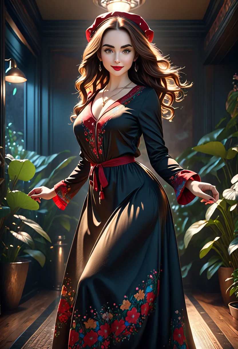 A beautful jewish women with a luscious thick bushy, course unibrow and cute nose. ultra Thick, coaurse, intense, curly, frizzy, long brown hair. Hair that clogs a drain after one shower. Hair you find on pillows and in corners of the room and in your refrigerator six months after the head from which it grew last visited. Hair that could not be straightened even if you had four hours and three hairdressers double-fisting blow driers. Hair that screams: Jew. Boho dress and hat, luxurious long dress、hat. curvy hourglass figure. Ultra HD, the symmetrical face, photorealistic photography, path tracing, specular lighting, and volumetric face light enhance the details. Epic lighting, striking silhouette. crucifix necklace. The symmetrical face, photorealistic photography, path tracing, specular lighting, and volumetric face light enhance the details. The scene is captured in maximum quality, masterpiece, 8K high resolution, and top quality. merge of Lilly Collins and Lilly James. sexy pose, intoxicating smile. crimson lips. in a garden, boho dress, bushy hair