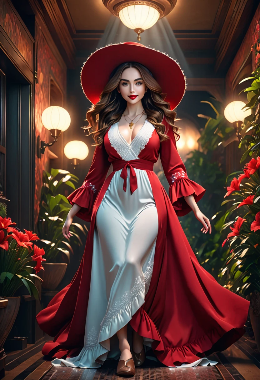 A beautful jewish women with a luscious thick bushy, course unibrow and cute nose. ultra Thick, coaurse, intense, curly, frizzy, long brown hair. Hair that clogs a drain after one shower. Hair you find on pillows and in corners of the room and in your refrigerator six months after the head from which it grew last visited. Hair that could not be straightened even if you had four hours and three hairdressers double-fisting blow driers. Hair that screams: Jew. Boho dress and hat, luxurious long dress、hat. curvy hourglass figure. Ultra HD, the symmetrical face, photorealistic photography, path tracing, specular lighting, and volumetric face light enhance the details. Epic lighting, striking silhouette. crucifix necklace. The symmetrical face, photorealistic photography, path tracing, specular lighting, and volumetric face light enhance the details. The scene is captured in maximum quality, masterpiece, 8K high resolution, and top quality. merge of Lilly Collins and Lilly James. sexy pose, intoxicating smile. crimson lips. in a garden, boho dress, bushy hair