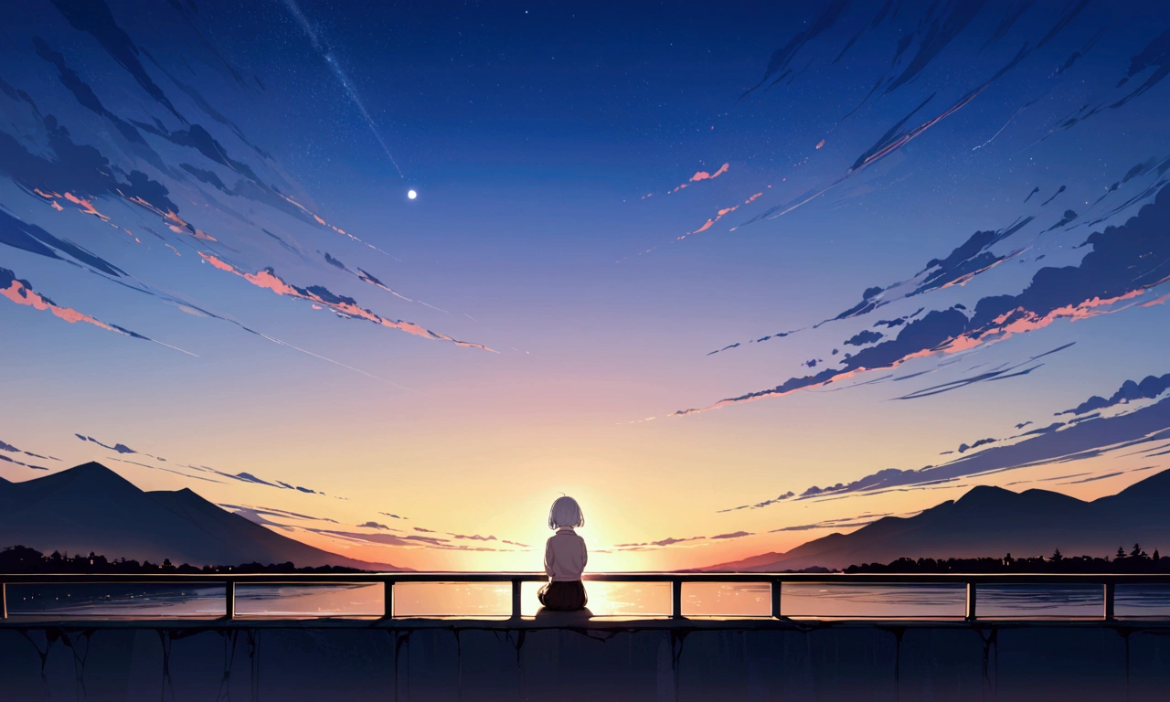 Highest quality,masterpiece,8k,Silver short bob hair,(Watching the sunset from school),wide shot ,tachi-e,hairclip