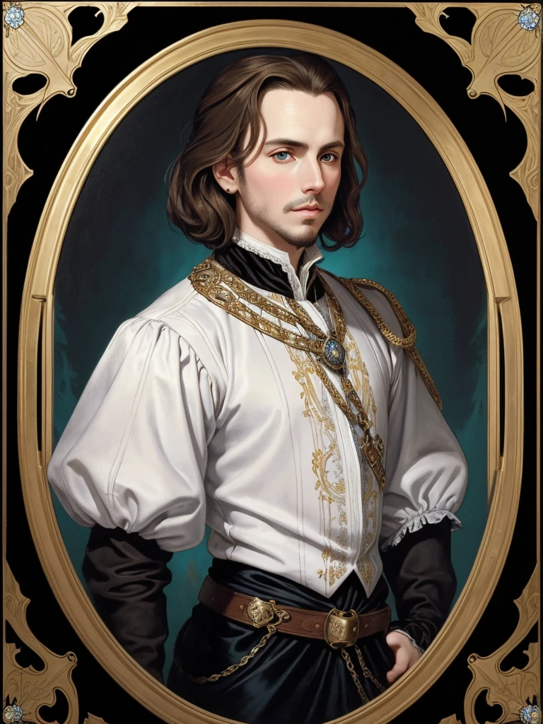 Portrait of Christopher Marlowe, white skin, piercing icy blue eyes, silky golden-brown hair, refined features, charp jawline, clean shaved, black Elizabethan era velvet jerkin, Shakespearen black velvet doublet, embroidered with gold, white laced shirt, Art Nouveau style, Mucha style, Mucha background, realism, high quality