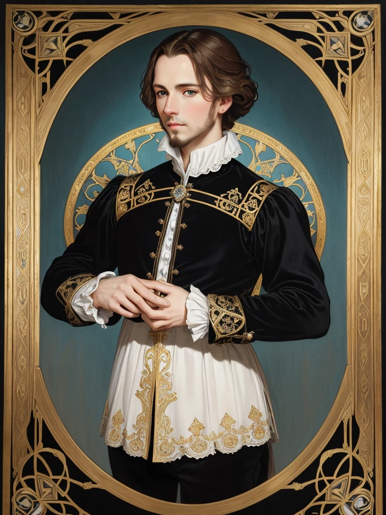 Portrait of Christopher Marlowe, white skin, piercing icy blue eyes, silky golden-brown hair, refined features, charp jawline, clean shaved, black Elizabethan era velvet jerkin, Shakespearen black velvet doublet, embroidered with gold, white laced shirt, Art Nouveau style, Mucha style, Mucha background, realism, high quality