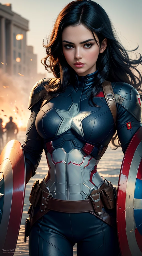 ((Best quality)) , ((Masterpiece)) , (Detailed) ,( Captain America Lady) , perfect body shape, big , black hair, beautiful face, focous on face details, wearing captain America uniform, logo of hydra in the background
