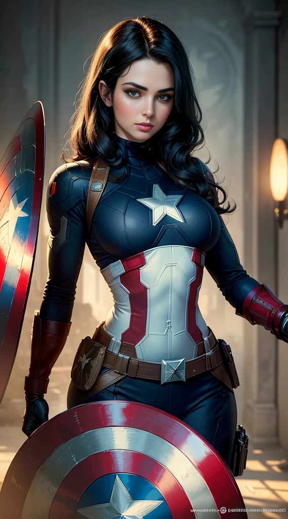 ((Best quality)) , ((Masterpiece)) , (Detailed) ,( Captain America Lady) , perfect body shape, big , black hair, beautiful face, focous on face details, wearing captain America uniform, logo of hydra in the background