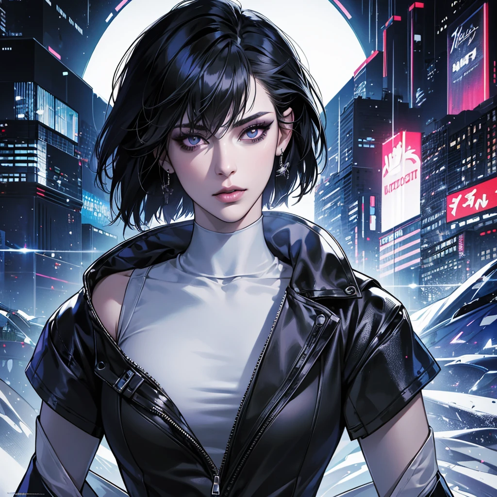 masterpiece, ultra high definition, high detail, cyberpunk universe, black bob hair, intense look, Funky style clothes, silver eyes, detailed face, detailed eyes, detailed nose, detailed lips, dark makeup, agent, upper body, head-on gaze, Ghost in the Shell, Mokoto Kusanagi, portrait