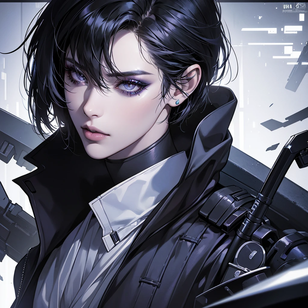 masterpiece, ultra high definition, high detail, cyberpunk universe, black bob hair, intense look, Funky style clothes, silver eyes, detailed face, detailed eyes, detailed nose, detailed lips, dark makeup, agent, upper body, head-on gaze, Ghost in the Shell, Mokoto Kusanagi, portrait