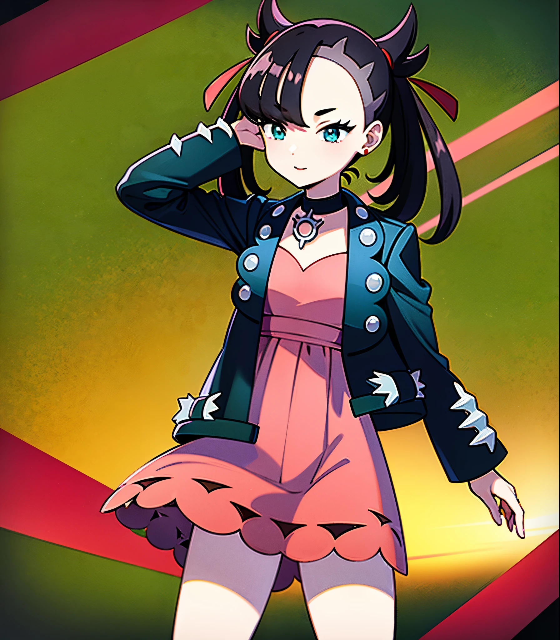 masterpiece, Highest quality, High resolution, Marnie, Aqua Eye, Black choker, Red ribbon, Pink Dress, jewelry, Black jacket, Open clothes, Long sleeve, Cowboy Shot, Are standing, forest, holding Pokéball, Pokéball \(Basic\), smile, Open your mouth,Background is wood々が生い茂るforestです.:1.2,Draw a person in the center of the screen,Depict the top of your head,{{{Perfect hand shape:1.2}}},marnie