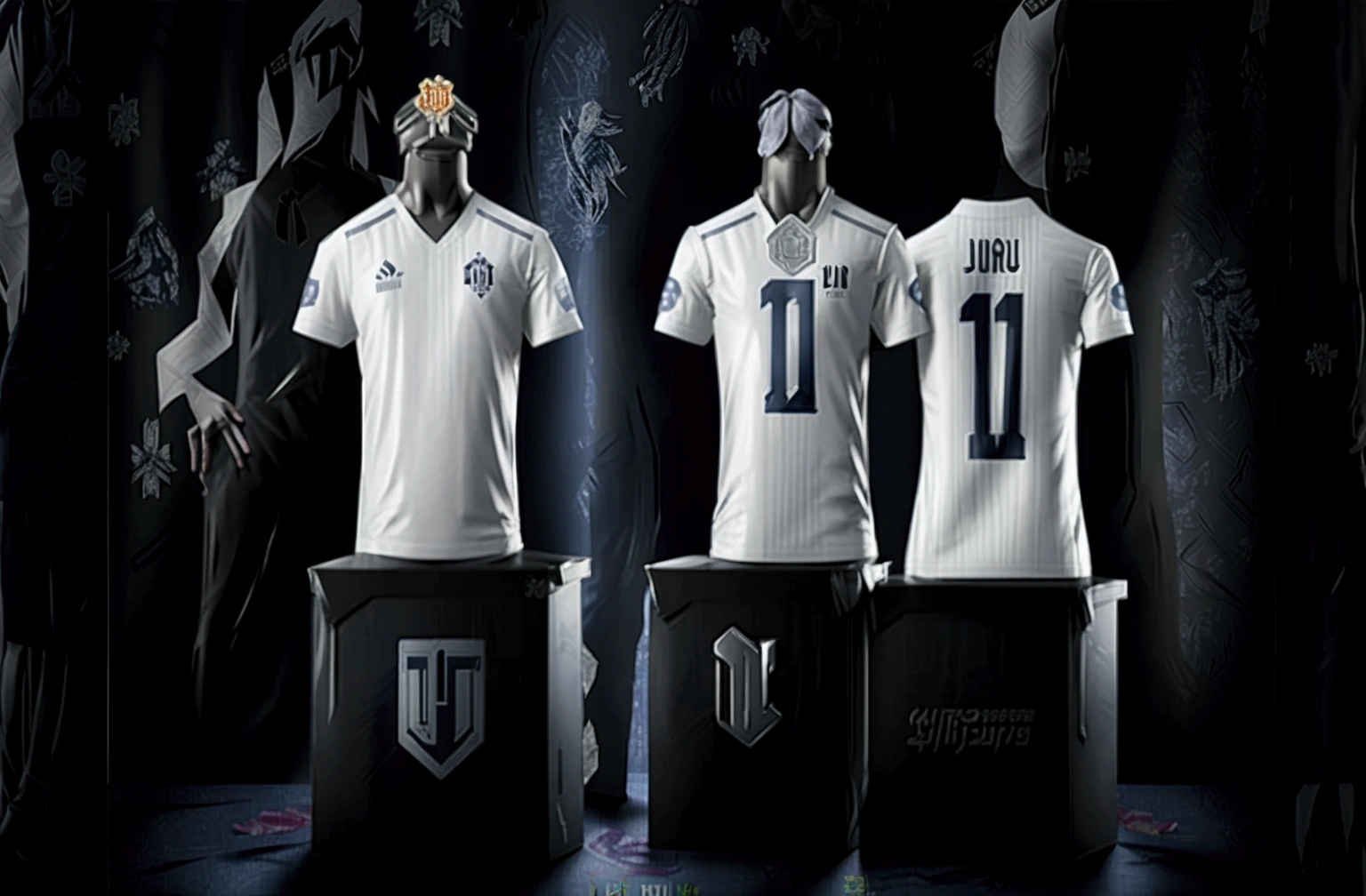 texture white t-shirt illumination center, two mannequin torsos display impeccably designed white t-shirts, each representing the White Tees brand. The front features a clean V-neck design, while the back emphasizes simplicity and elegance.