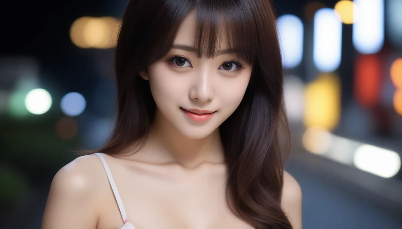 8k, Ultra-high resolution, Highest quality, masterpiece, 三分割法によるphotograph,Surreal, photograph, 1 Girl, (16 years old:1.3), pretty girl, Cute Face, Beautiful eyes in every detail, 細かくdetailedに,masterpiece,One Girl:1.2, Japan Female Announcer,extream close up,light smile,Black Hair,Wavy bob,Night view,bustling street,Prostitute,Flashy clothing,Slutty Makeup,Realistic Skin, Perfect and beautiful face ,完璧でCute Face, Skin with attention to detail, Perfect limbs、Narrow waist、Thin legs),Looking at the audience、beauty,Long neck、(((Ideal body type))),A cup small breasts :2,Portraiture:2,Perfect ???????,鮮明なdetailed,detailed,Surreal,Light and shadow,glowing