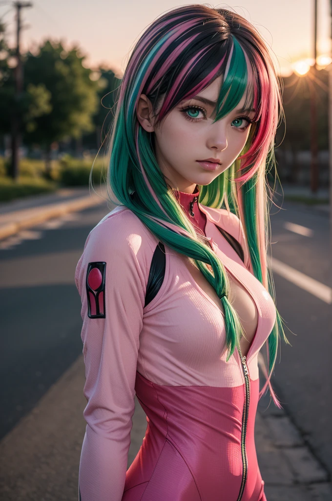 raw photo, fashion photography of cute girl, green eyes, (very long streaked green/pink hair:1.3) ((dynamic hairstyle)) in high detailed textured Evangelion red plugsuit, sunset light passing through hair, (random background), depth of field. M.ia