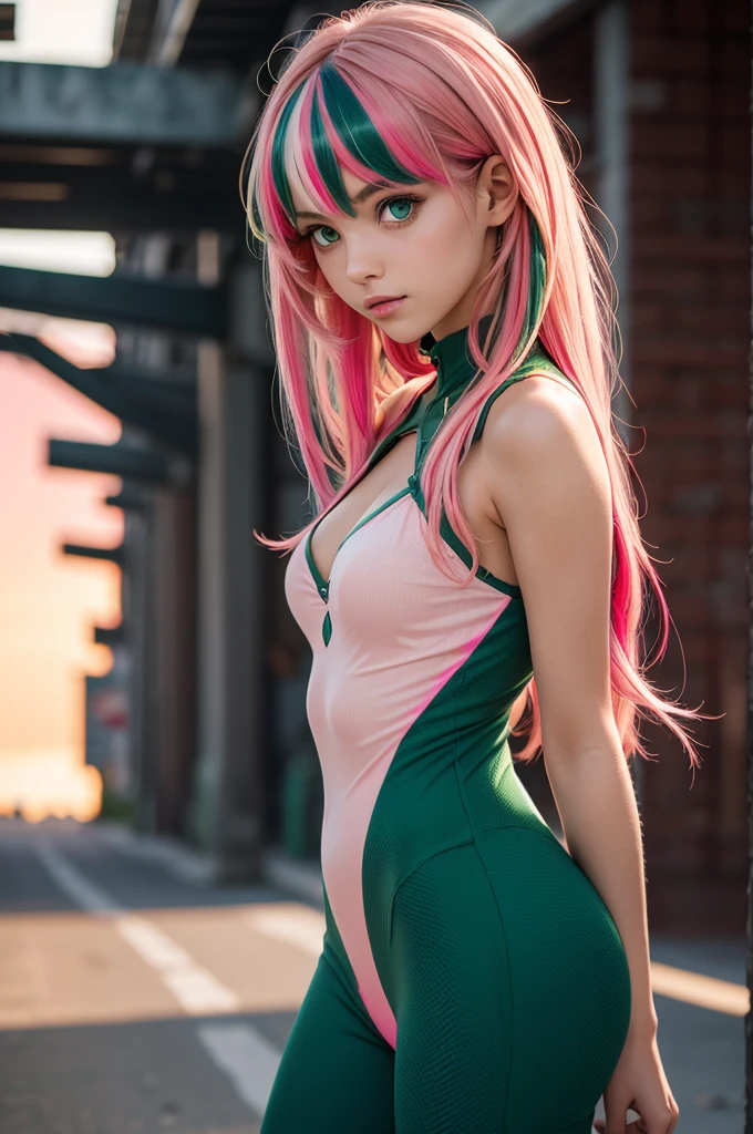 raw photo, fashion photography of cute girl, green eyes, (very long streaked green/pink hair:1.3) ((dynamic hairstyle)) in high detailed textured Evangelion red plugsuit, sunset light passing through hair, (random background), depth of field. M.ia