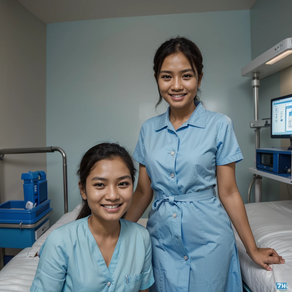Smiling 4 Indonesian children and 1 medical staff in light blue female medical uniforms. photo. Realistic. masterpiece. Ultra 4k image. super detail. Hospital room.