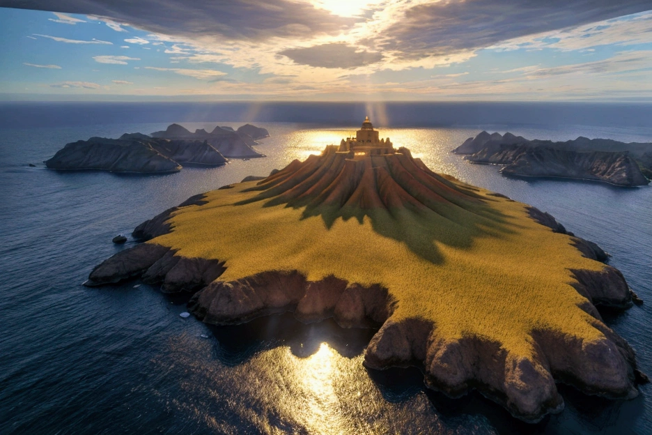 Mysterious golden island that exudes a beautiful warmth, wide shot, cinematic angle, realistic, hyper-realistic, photorealistic, (best quality,4k,8k,highres,masterpiece:1.2),ultra-detailed,(realistic,photorealistic,photo-realistic:1.37),vivid colors,dramatic lighting,
