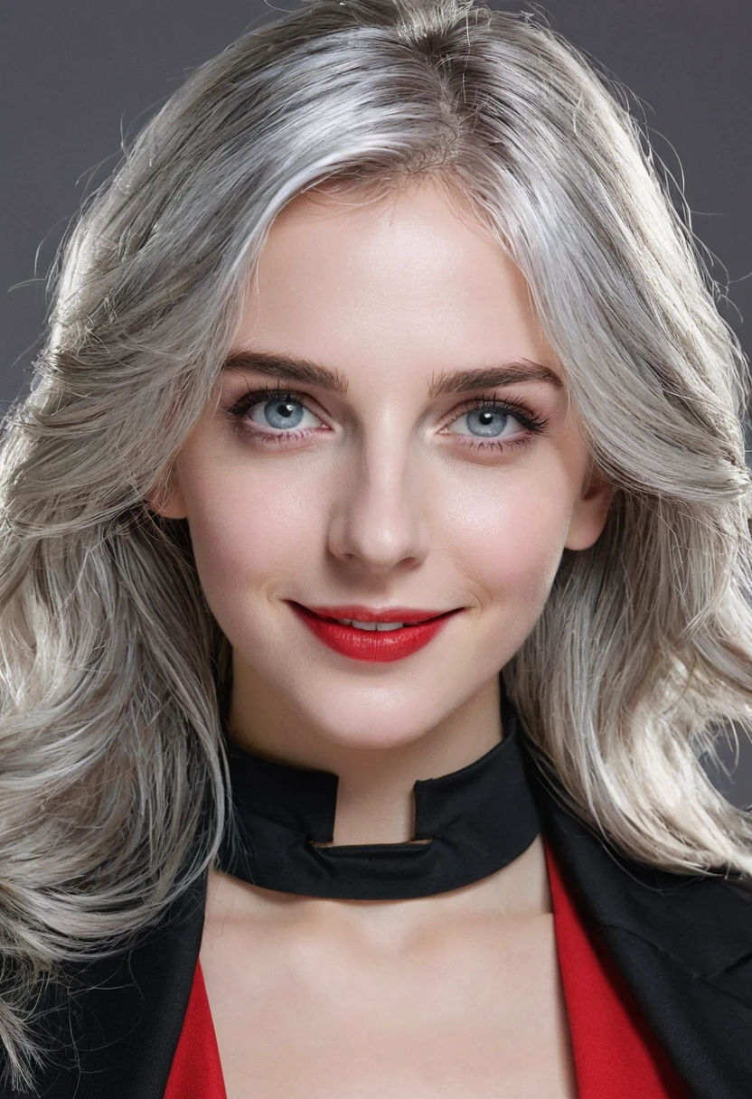 1 girl, 独奏, longye hair, silver hair, slightly wavy hair, red and black outfit, lilac colored eyes, gazing at viewer, slightly separated lips, anatomically correcte, facing the front, Grinning, American physical characteristics