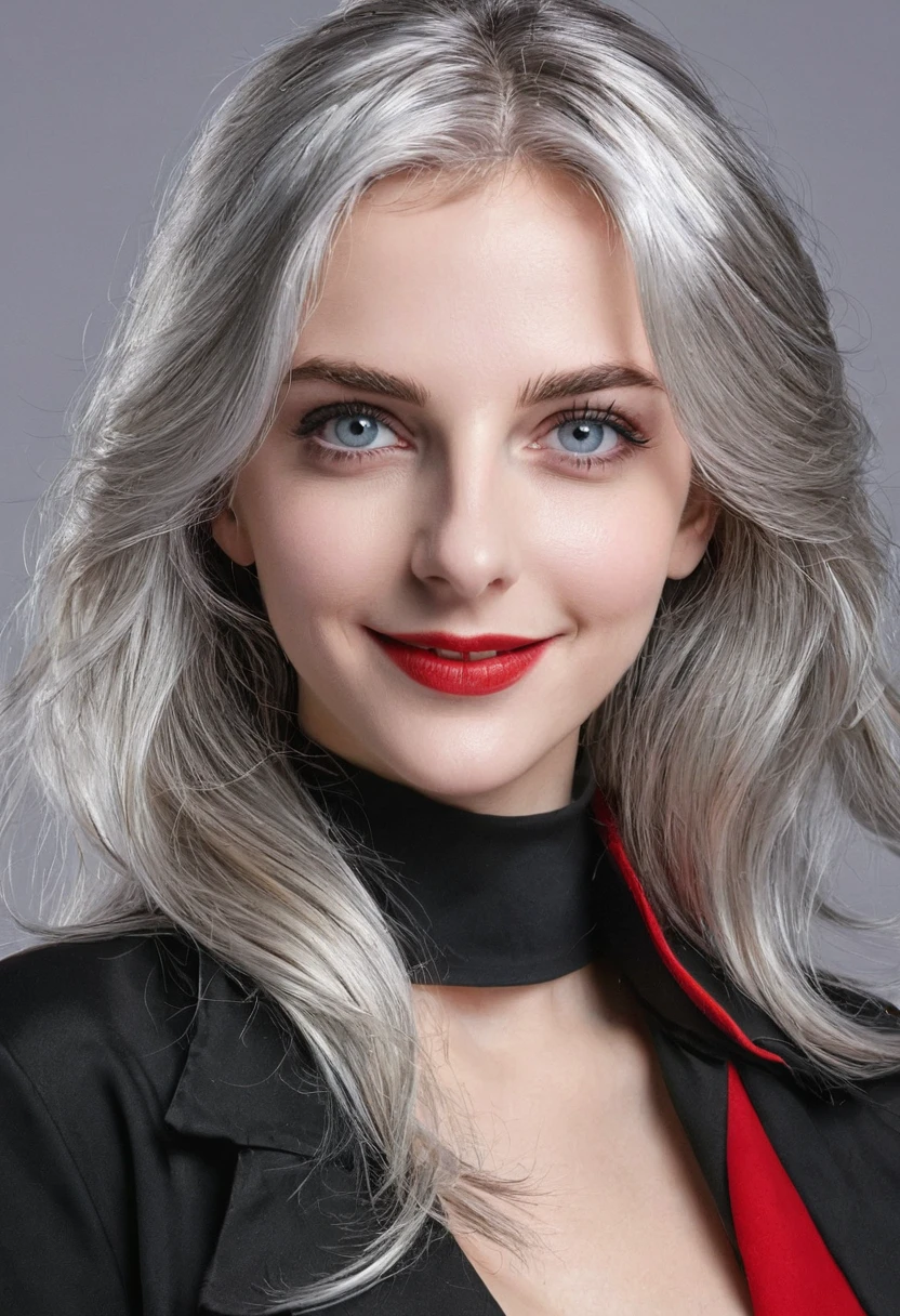 1 girl, 独奏, longye hair, silver hair, slightly wavy hair, red and black outfit, lilac colored eyes, gazing at viewer, slightly separated lips, anatomically correcte, facing the front, Grinning, American physical characteristics