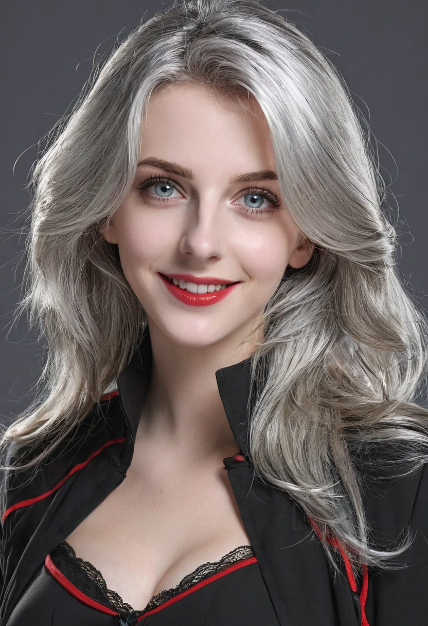 1 girl, 独奏, longye hair, silver hair, slightly wavy hair, red and black outfit, lilac colored eyes, gazing at viewer, slightly separated lips, anatomically correcte, facing the front, Grinning, American physical characteristics