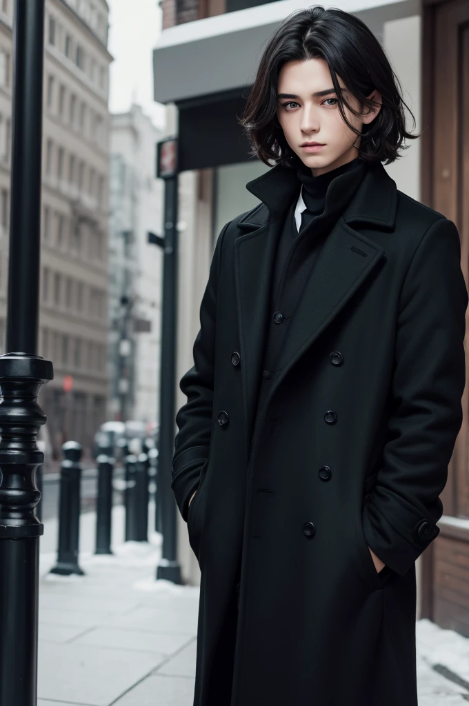 Boy with dark hair, greeneyes, wearing black overcoat.