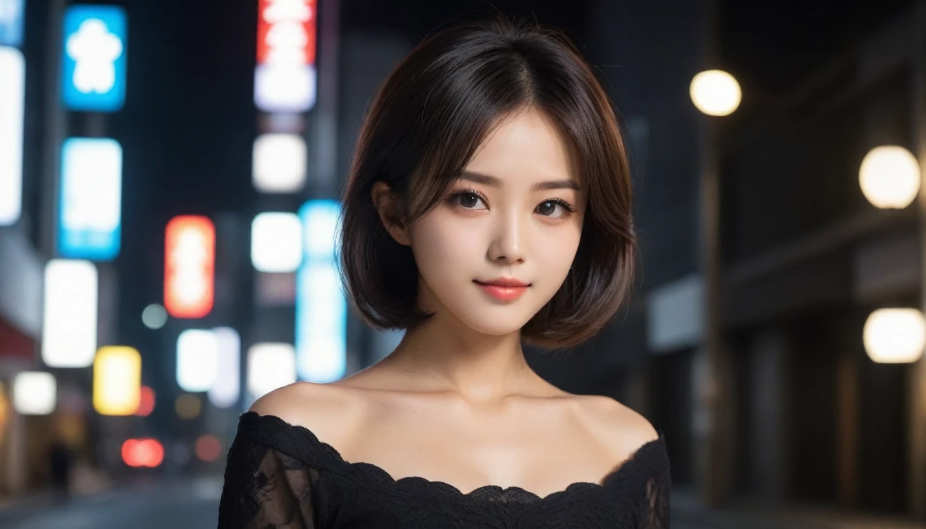 8k, Ultra-high resolution, Highest quality, masterpiece, 三分割法によるphotograph,Surreal, photograph, 1 Girl, (16 years old:1.3), pretty girl, Cute Face, Beautiful eyes in every detail, 細かくdetailedに,masterpiece,One Girl:1.2, Japan Female Announcer,extream close up,light smile,Black Hair,Wavy bob,Night view,bustling street,Prostitute,Flashy clothing,Slutty Makeup,Realistic Skin, Perfect and beautiful face ,完璧でCute Face, Skin with attention to detail, Perfect limbs、Narrow waist、Thin legs),Looking at the audience、beauty,Long neck、(((Ideal body type))),A cup small breasts :2,Portraiture:2,Perfect Anatomy,鮮明なdetailed,detailed,Surreal,Light and shadow,glowing