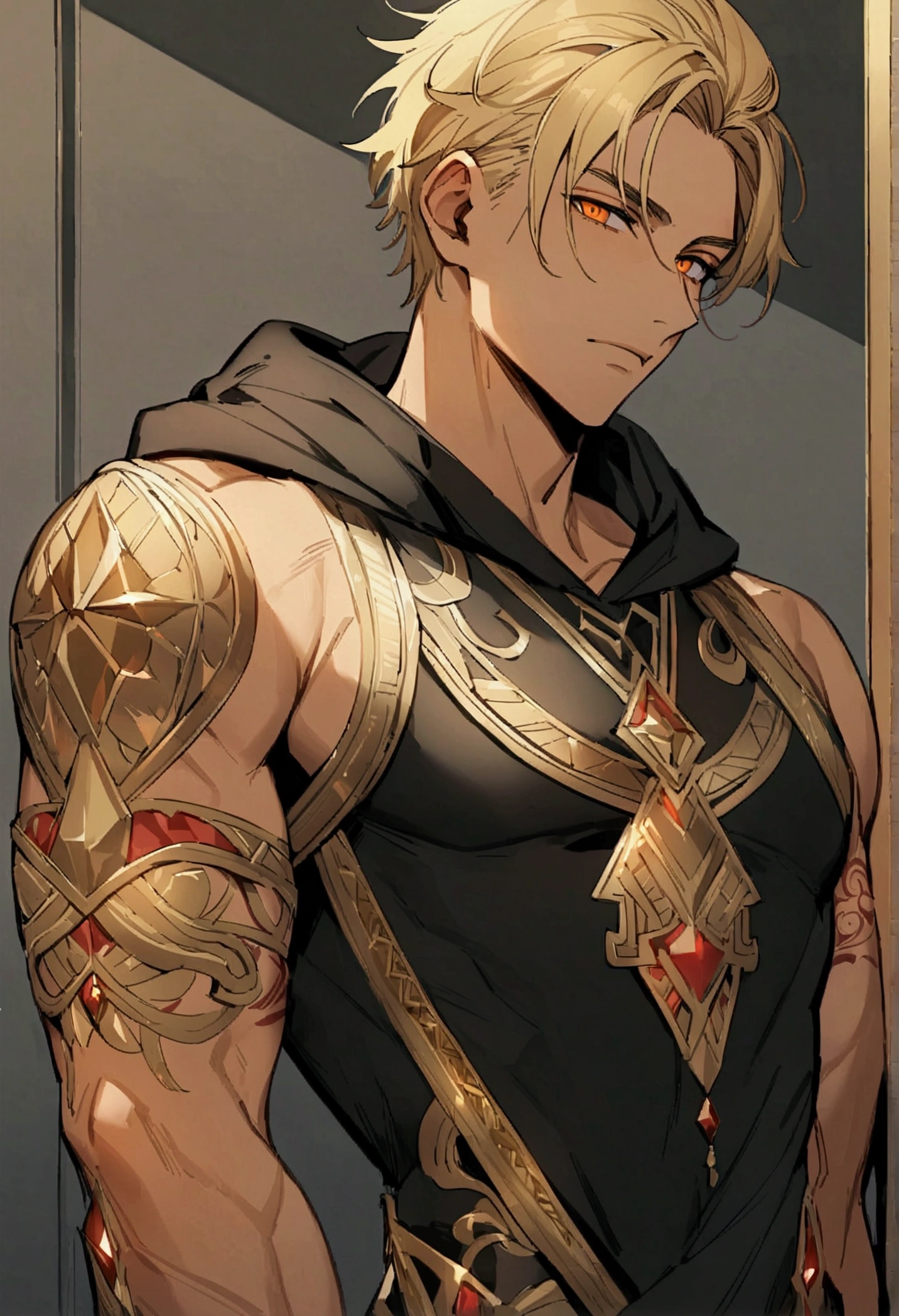 Handsome young man, blond, Orange Eyes, short hair, Black Hoodie,high quality, Draw Amount, pixiv illustrations,Egyptian Dress Up,Gold Jewelry,Tanned skin,Red tattoo on the arm,muscle