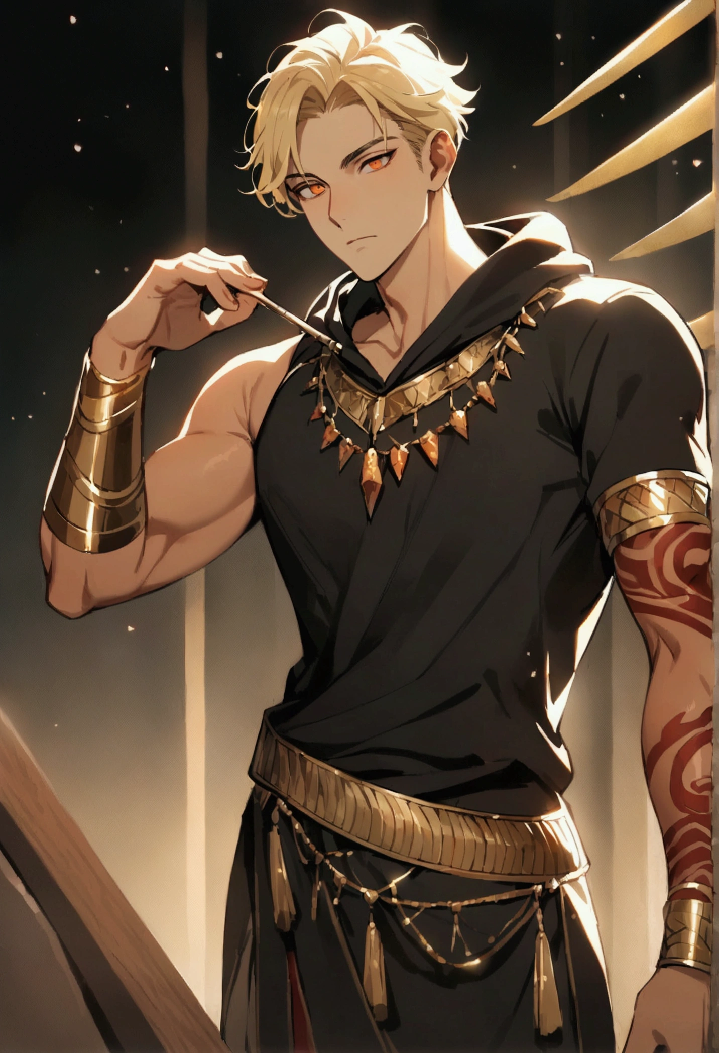 Handsome young man, blond, Orange Eyes, short hair, Black Hoodie,high quality, Draw Amount, pixiv illustrations,Egyptian Dress Up,Gold Jewelry,Tanned skin,Red tattoo on the arm,muscle